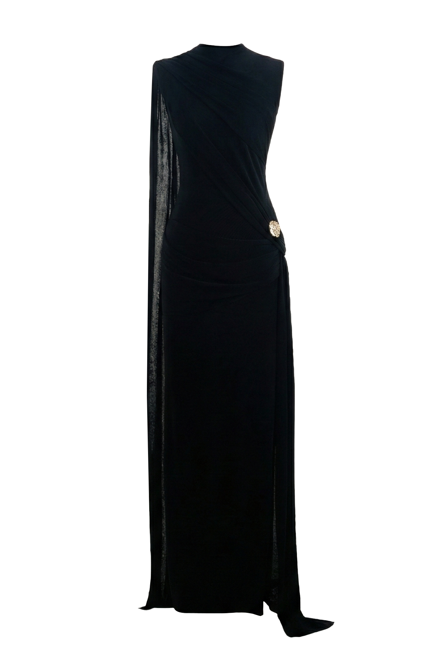 Mirer - Onyra Asymmetric Sleeve Metal Maxi Dress-1