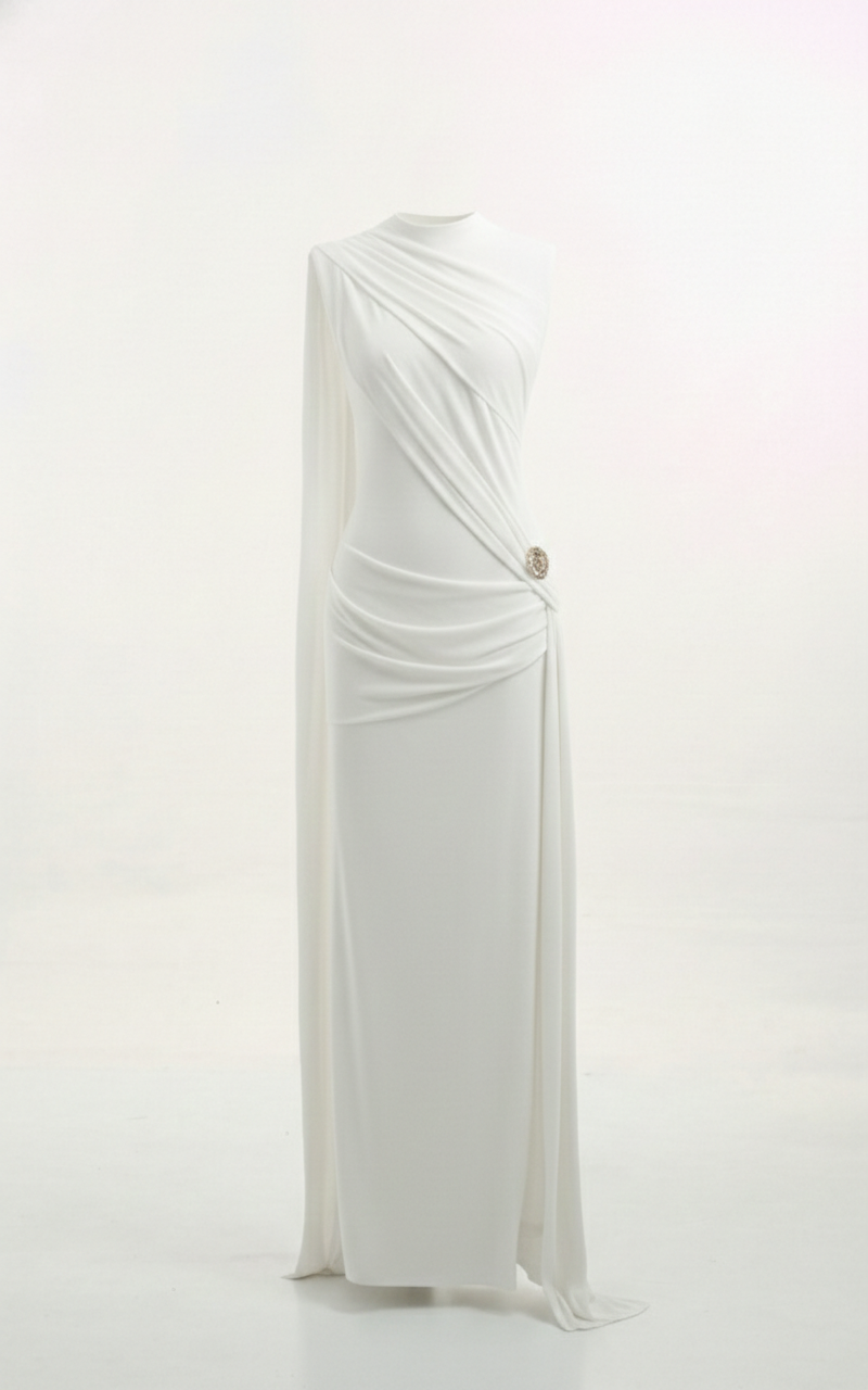 Mirer - Onyra Asymmetric Sleeve Metal Maxi Dress-7