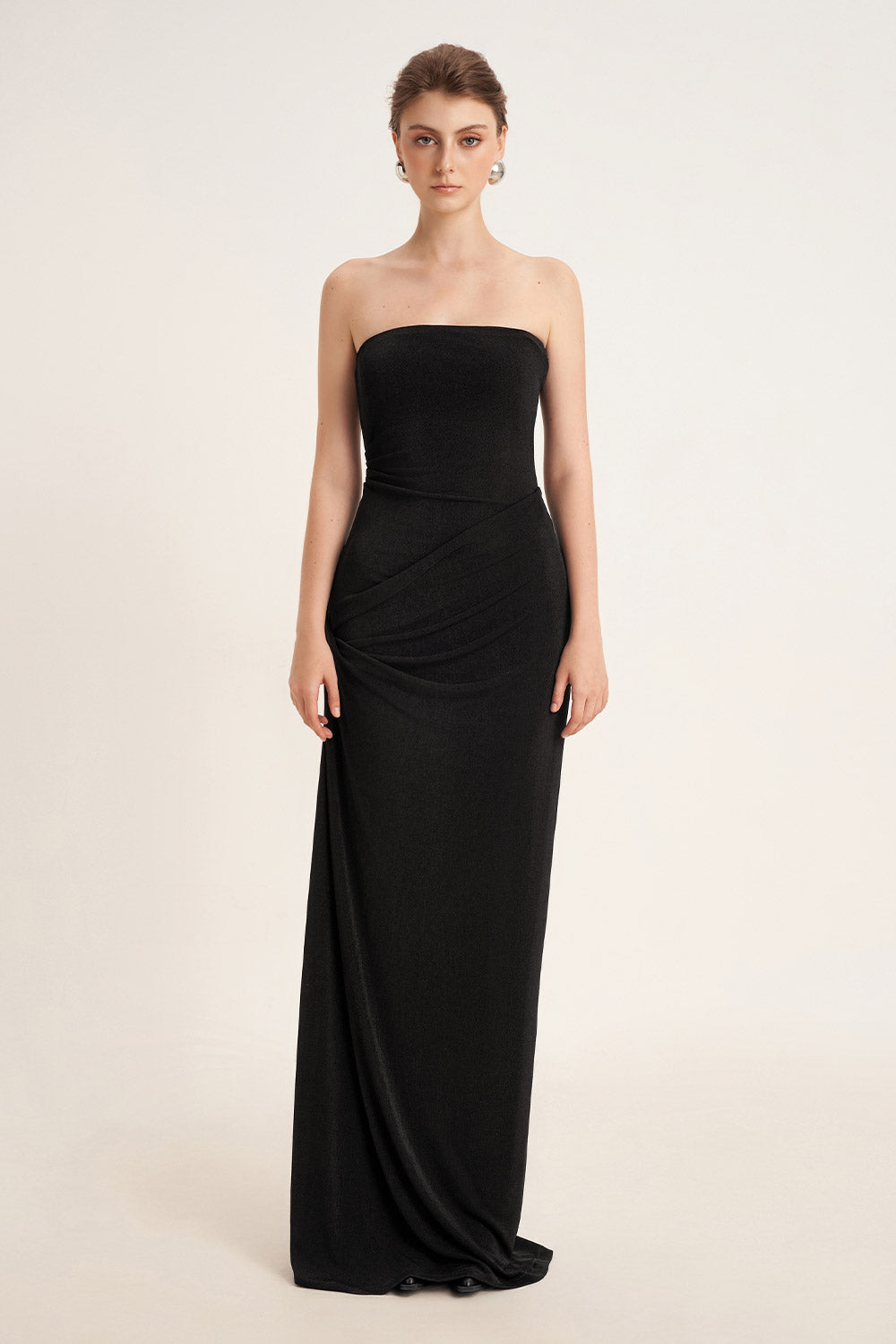 Mirer - Pansy Sheath Straight Across Neck Elastic Cotton Floor Length Dress-2