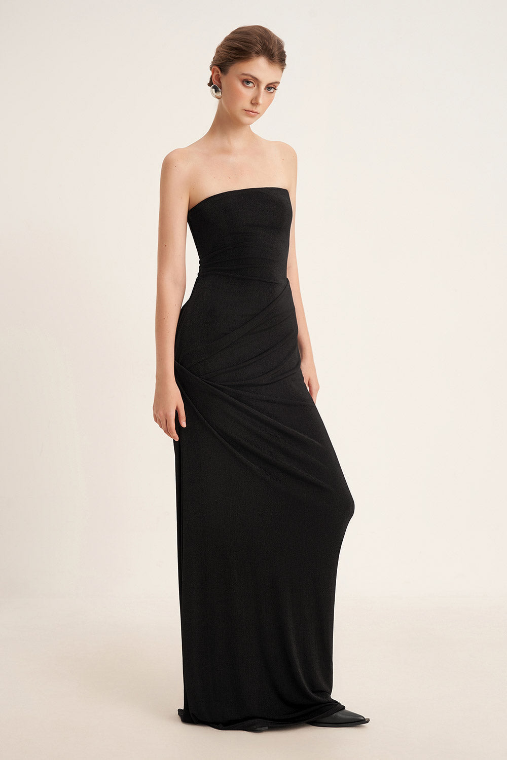 Mirer - Pansy Sheath Straight Across Neck Elastic Cotton Floor Length Dress-3
