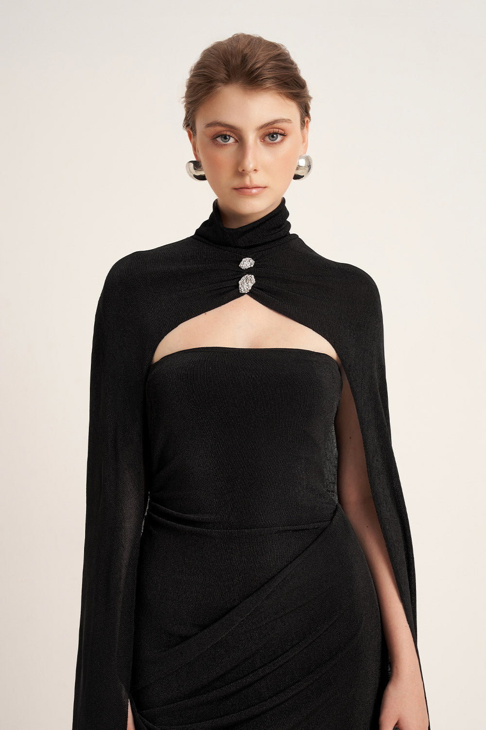 Mirer - Pansy Straight Turtle Neck Elastic Cotton Floor Length Cape-1