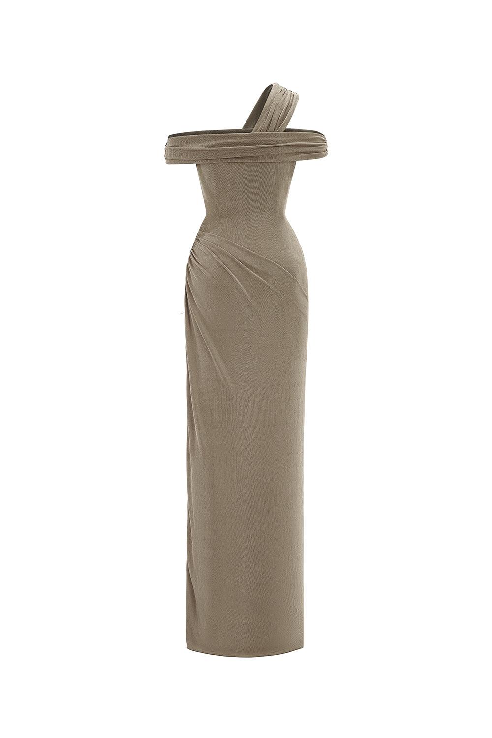 Mirer - Plumeria Sheath Cold Shoulder Sleeved Elastic Cotton Floor Length Dress-1