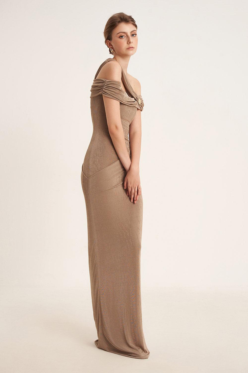 Mirer - Plumeria Sheath Cold Shoulder Sleeved Elastic Cotton Floor Length Dress-3