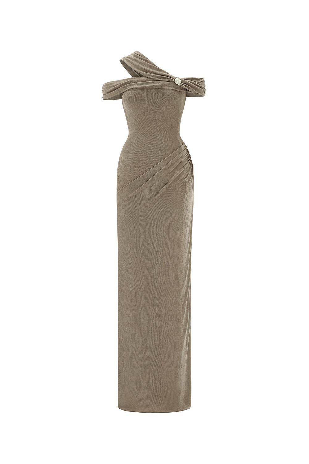 Mirer - Plumeria Sheath Cold Shoulder Sleeved Elastic Cotton Floor Length Dress-0