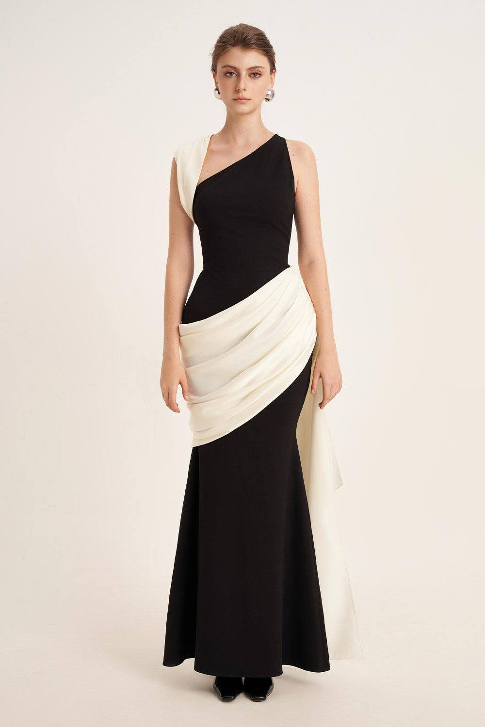 Mirer - Poppy Trumpet Asymmetric Neck Elastic Cotton Floor Length Dress-0