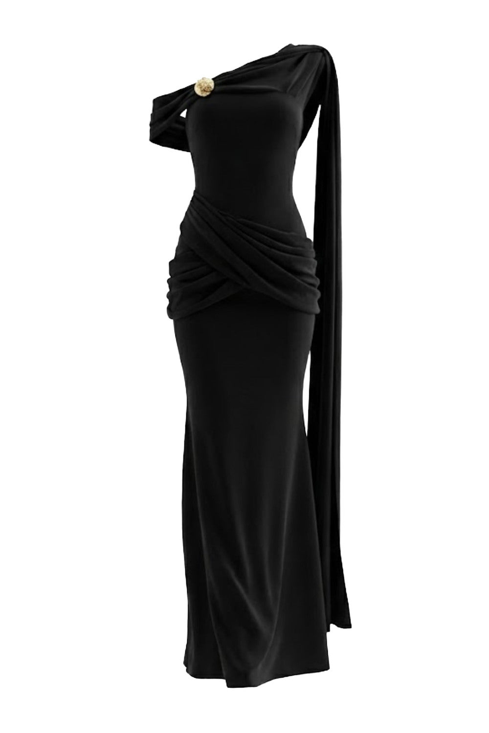Mirer - Serapha Mermaid Asymmetric Neck Elastic Cotton Maxi Dress-5