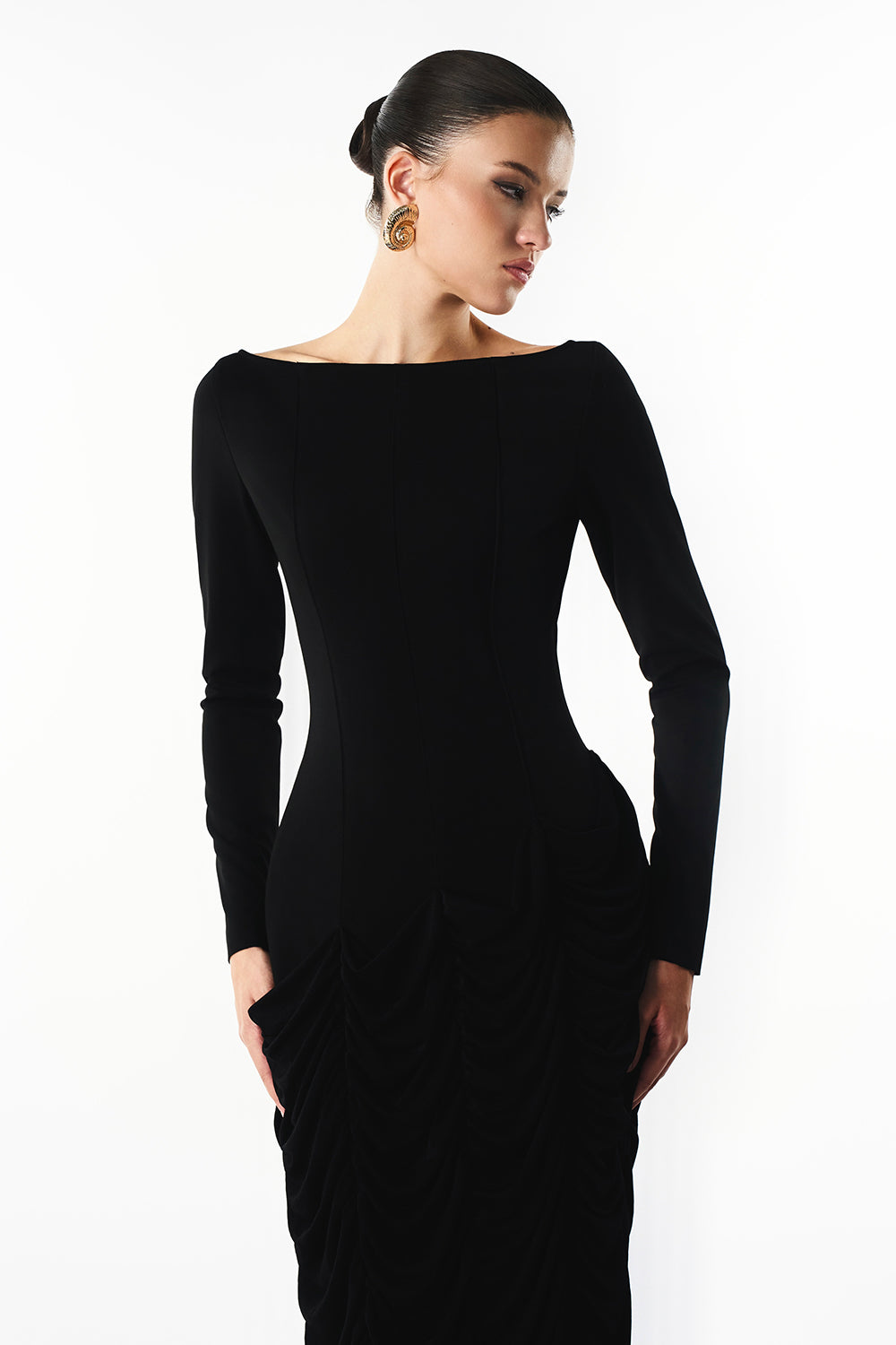 Mirer - Zera Boat Neck Gathering Maxi Dress-3