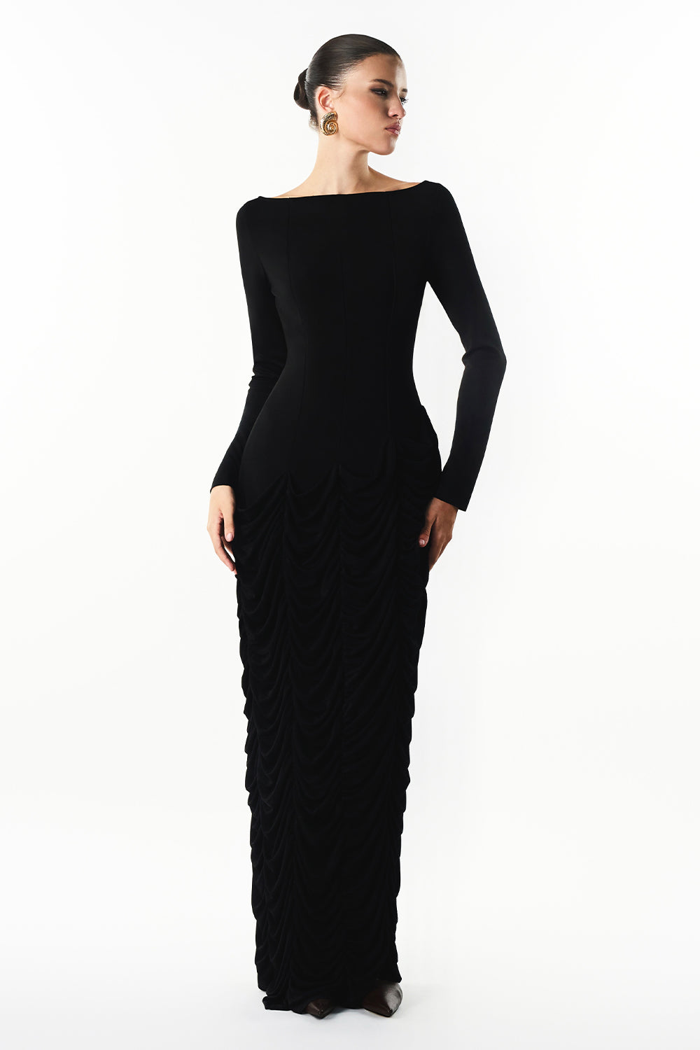 Mirer - Zera Boat Neck Gathering Maxi Dress-0