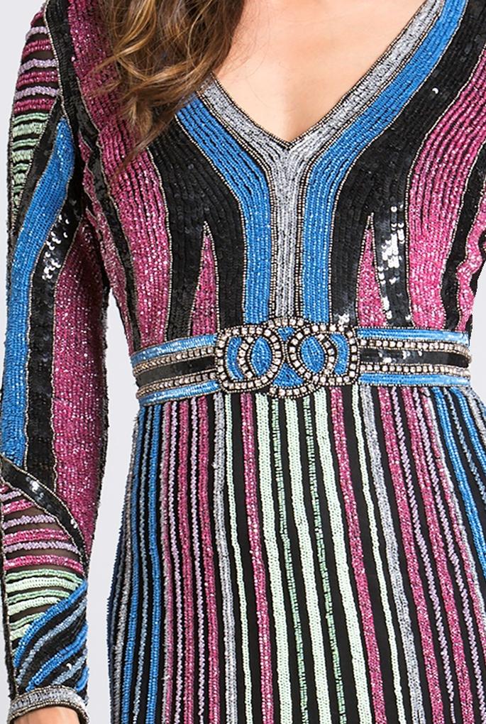 Multi Colored Sequin Long Sleeve Dress with Plunging Neckline 33541