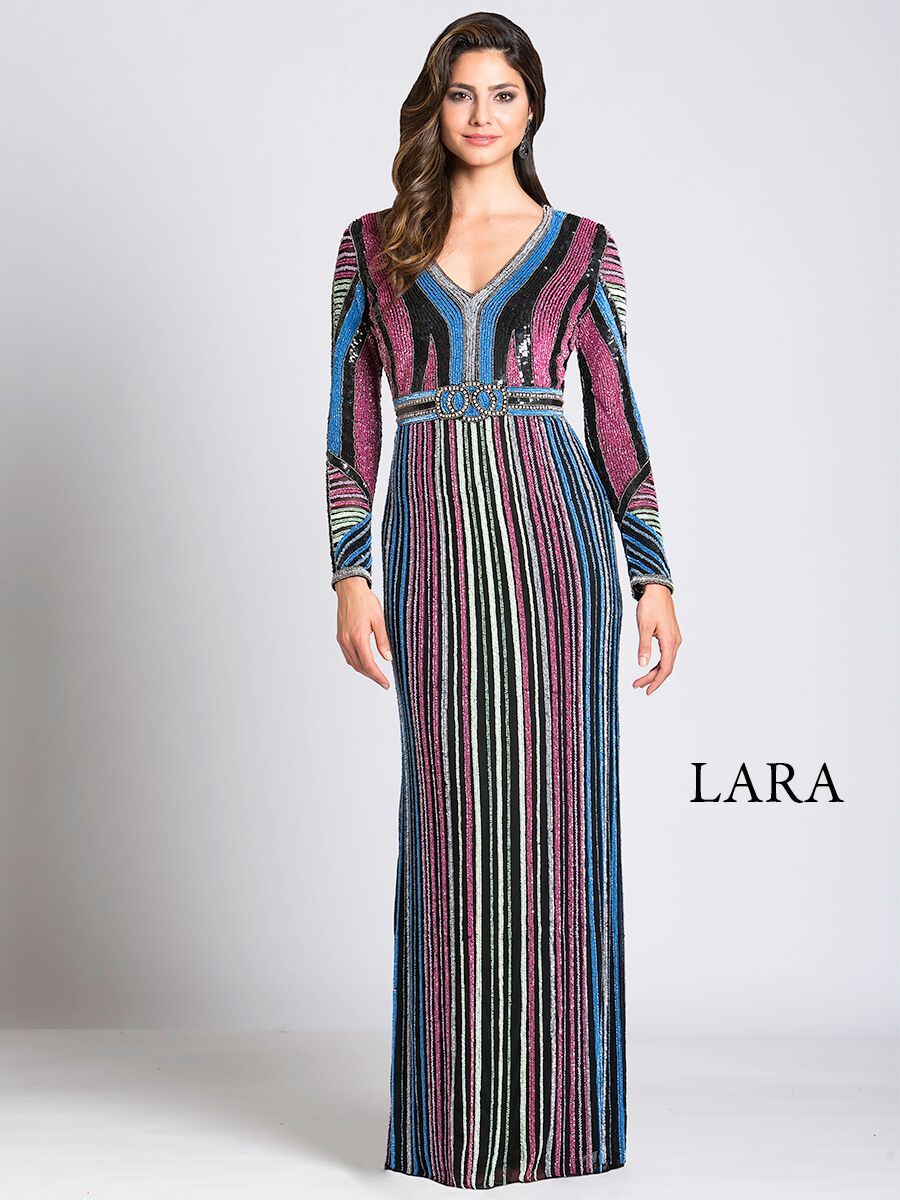 Multi Colored Sequin Long Sleeve Dress with Plunging Neckline 33541