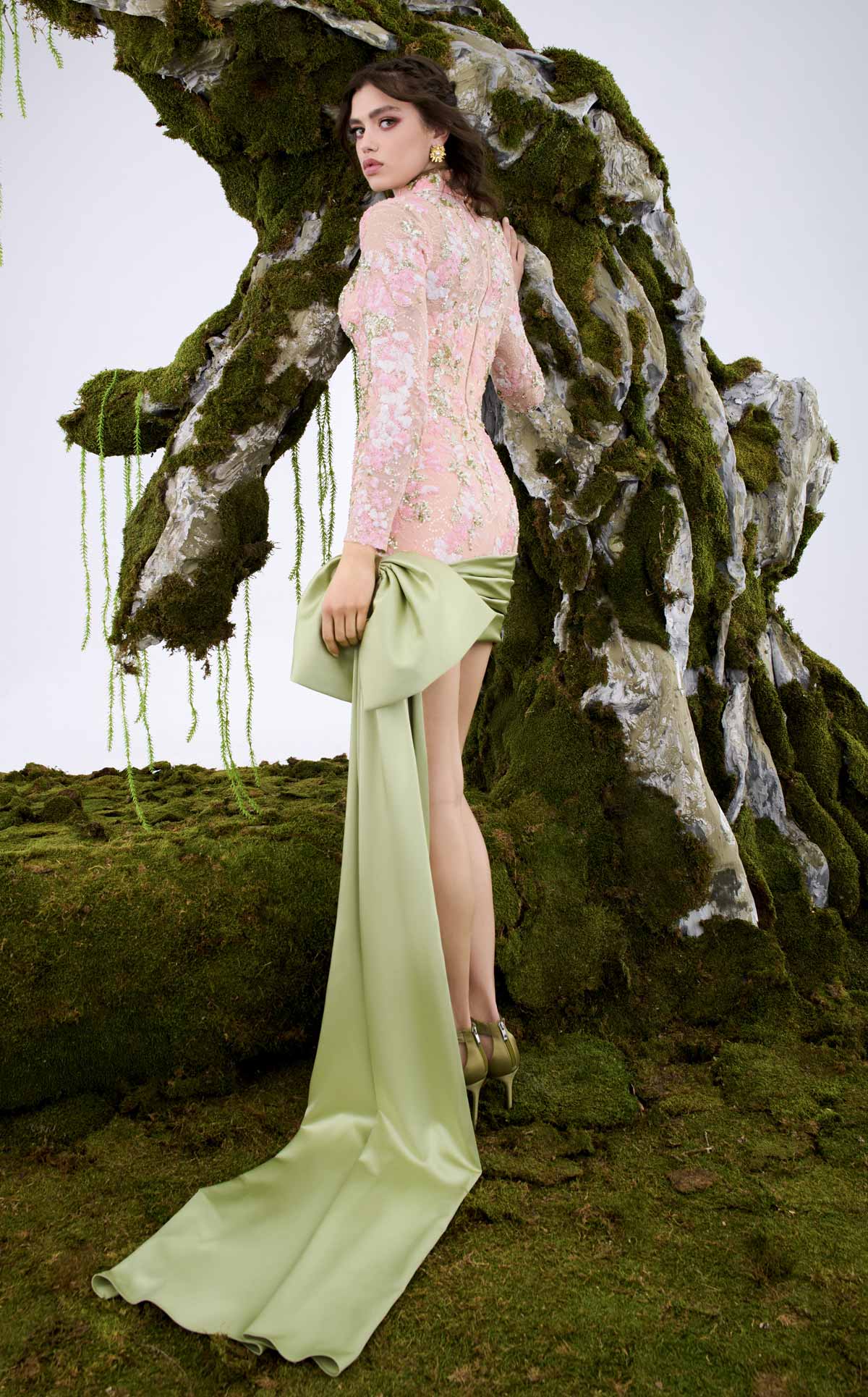 Embroidered Mini Dress with Dramatic Bow Train N0673