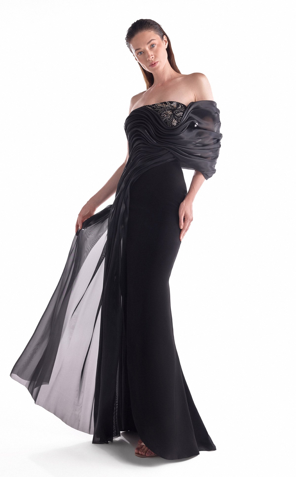 Nocturne Draped Off-Shoulder Gown G2111
