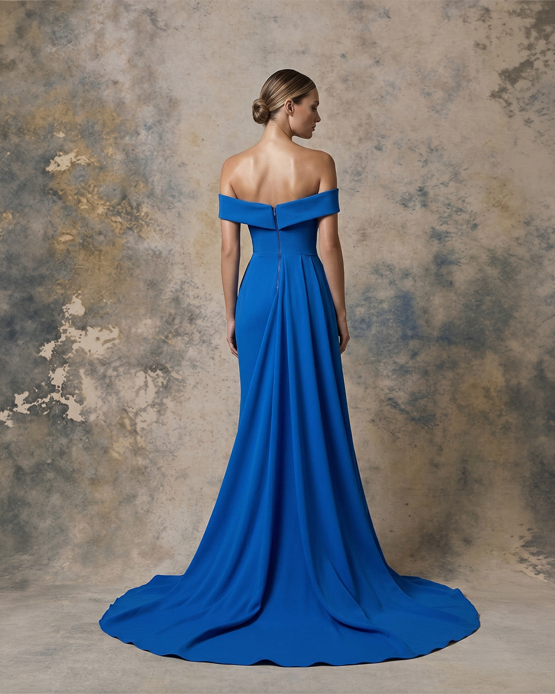 Nour Fathallah 743 – Sapphire Blue Off-Shoulder Draped Crepe Evening Gown