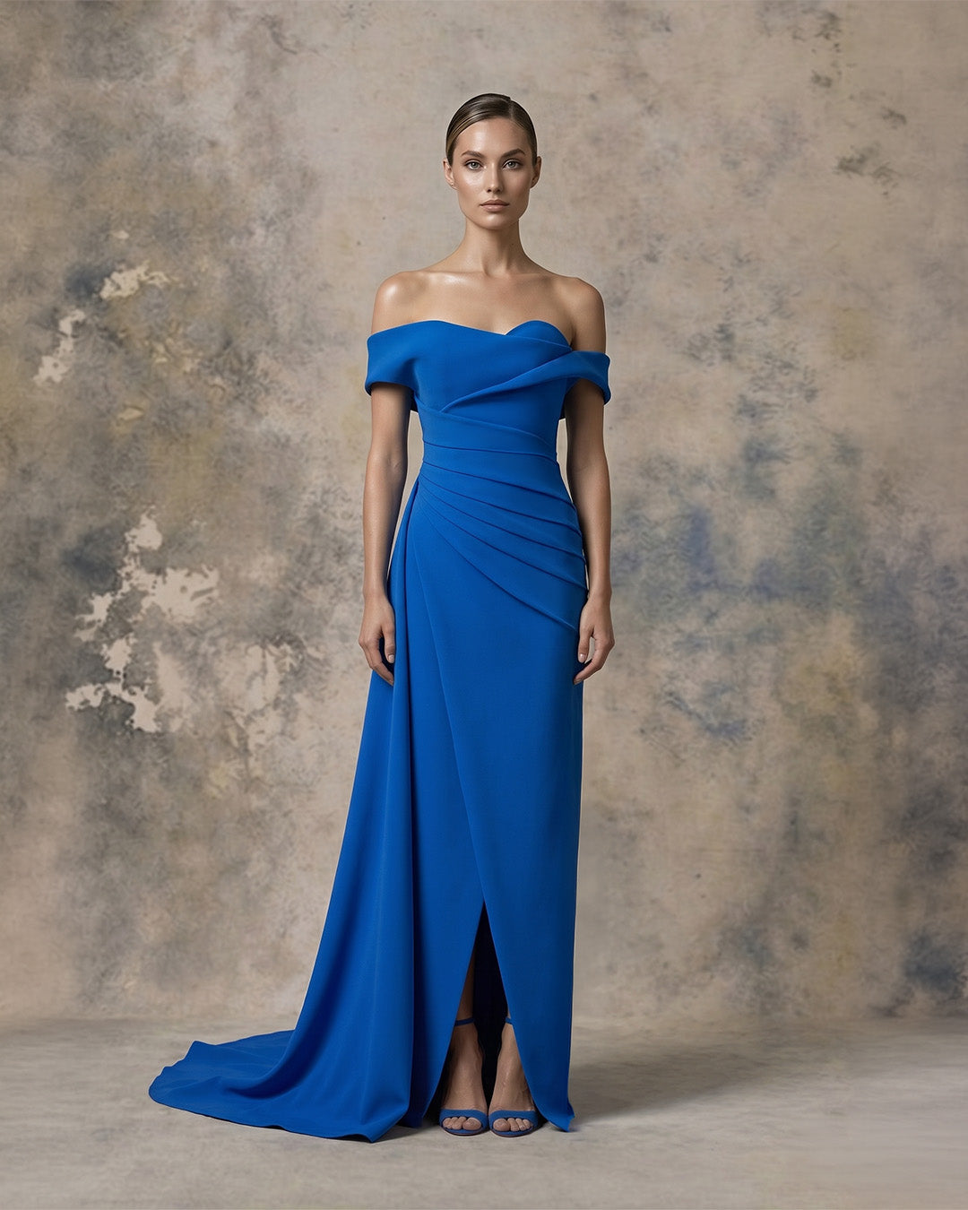 Nour Fathallah 743 – Sapphire Blue Off-Shoulder Draped Crepe Evening Gown