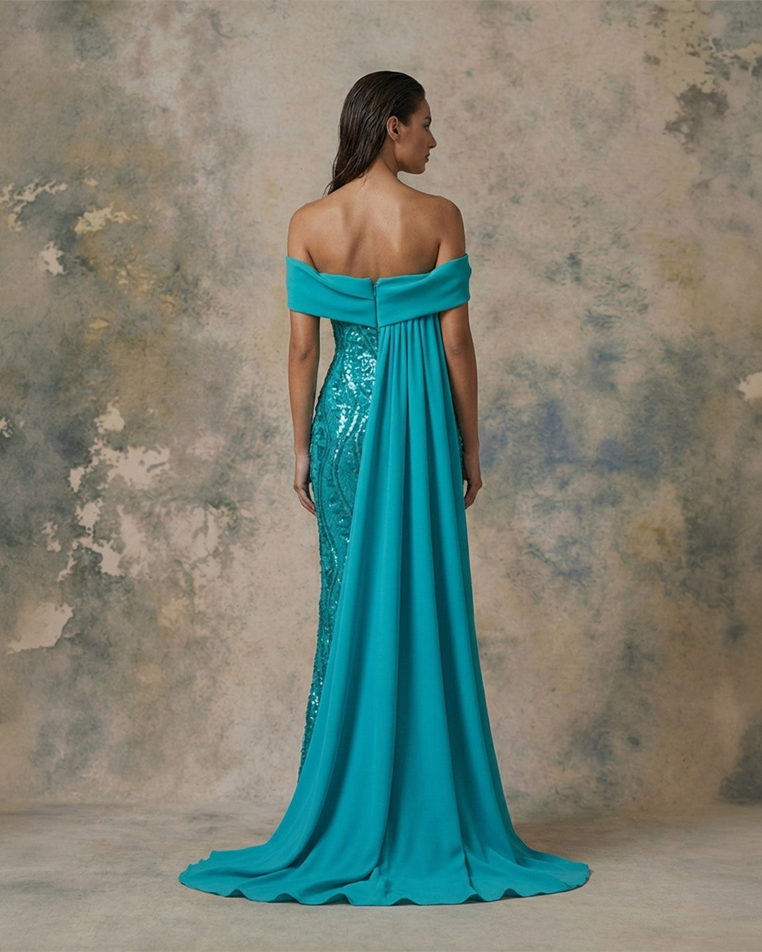 Nour Fathallah 744 – Turquoise Off-Shoulder Draped Sequin Evening Gown