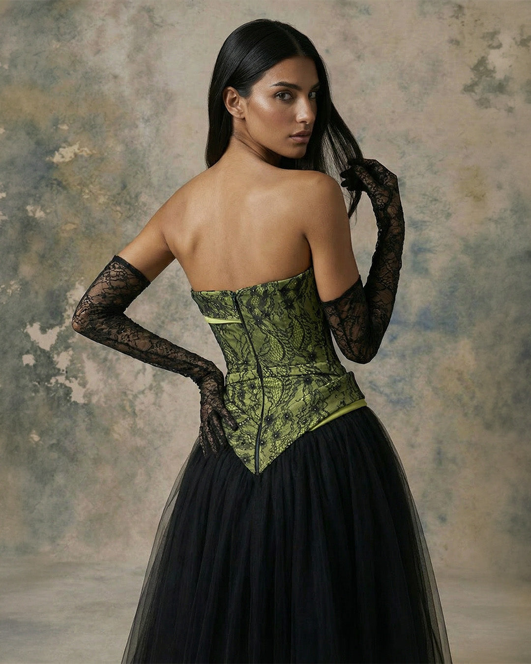Nour Fathallah 745 – Black Lace Corset Tulle Ball Gown Evening Dress