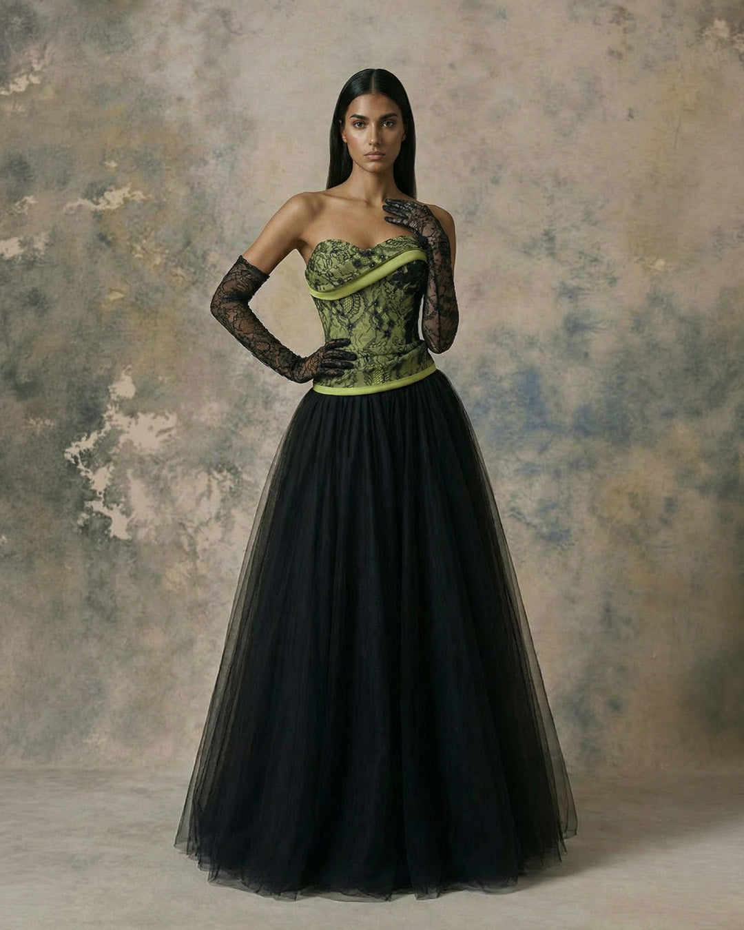 Nour Fathallah 745 – Black Lace Corset Tulle Ball Gown Evening Dress