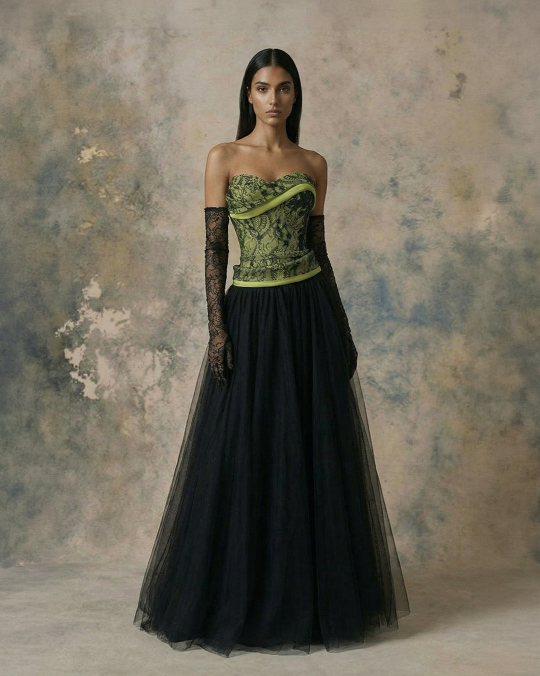 Nour Fathallah 745 – Black Lace Corset Tulle Ball Gown Evening Dress