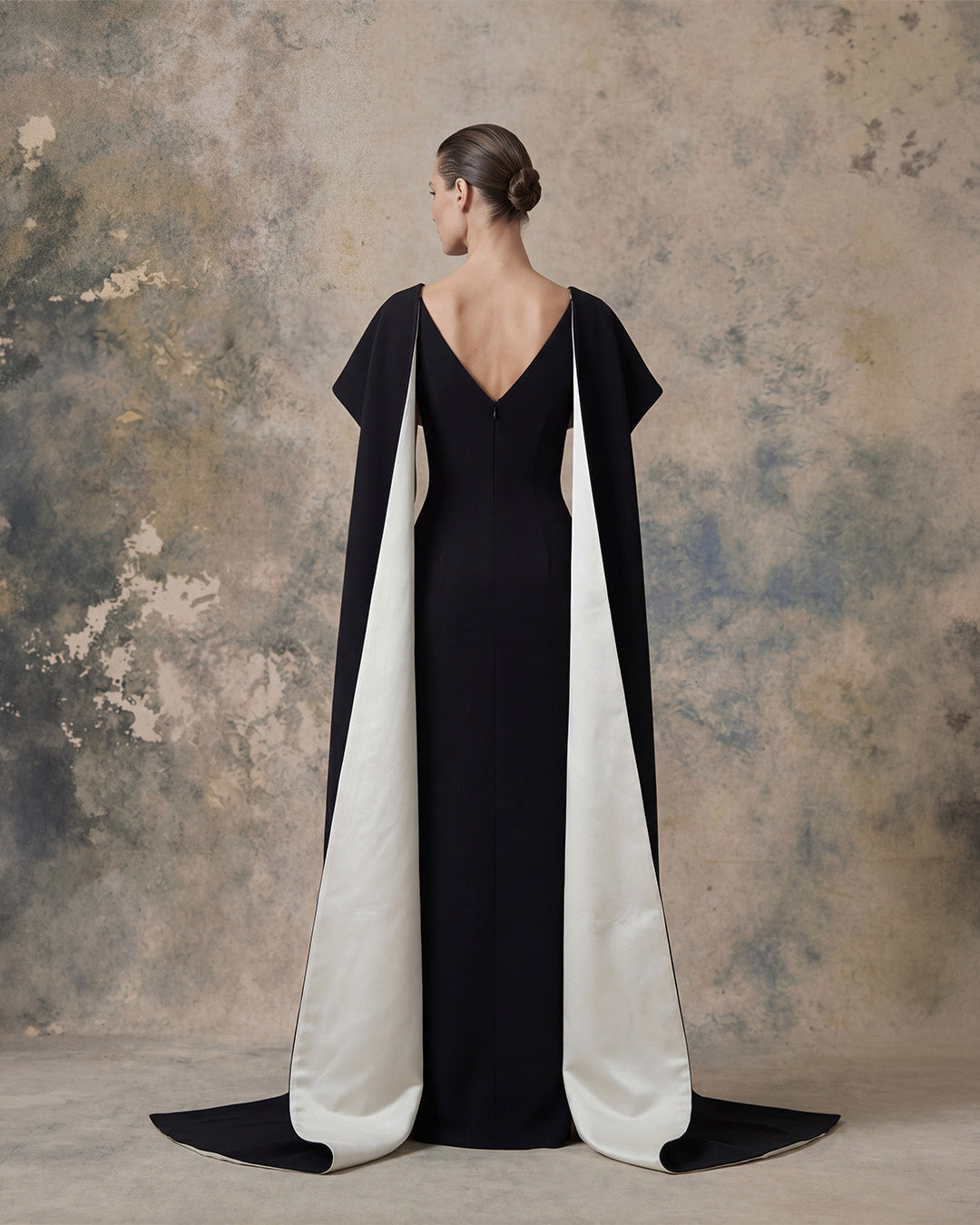 Nour Fathallah 746 – Black V-Neck Cape Satin Evening Gown
