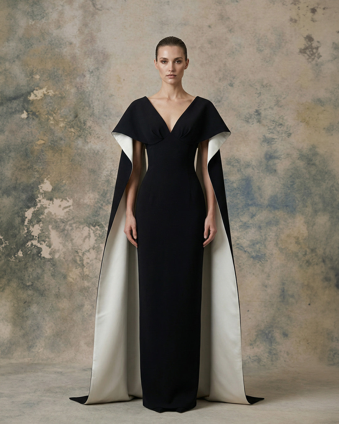 Nour Fathallah 746 – Black V-Neck Cape Satin Evening Gown