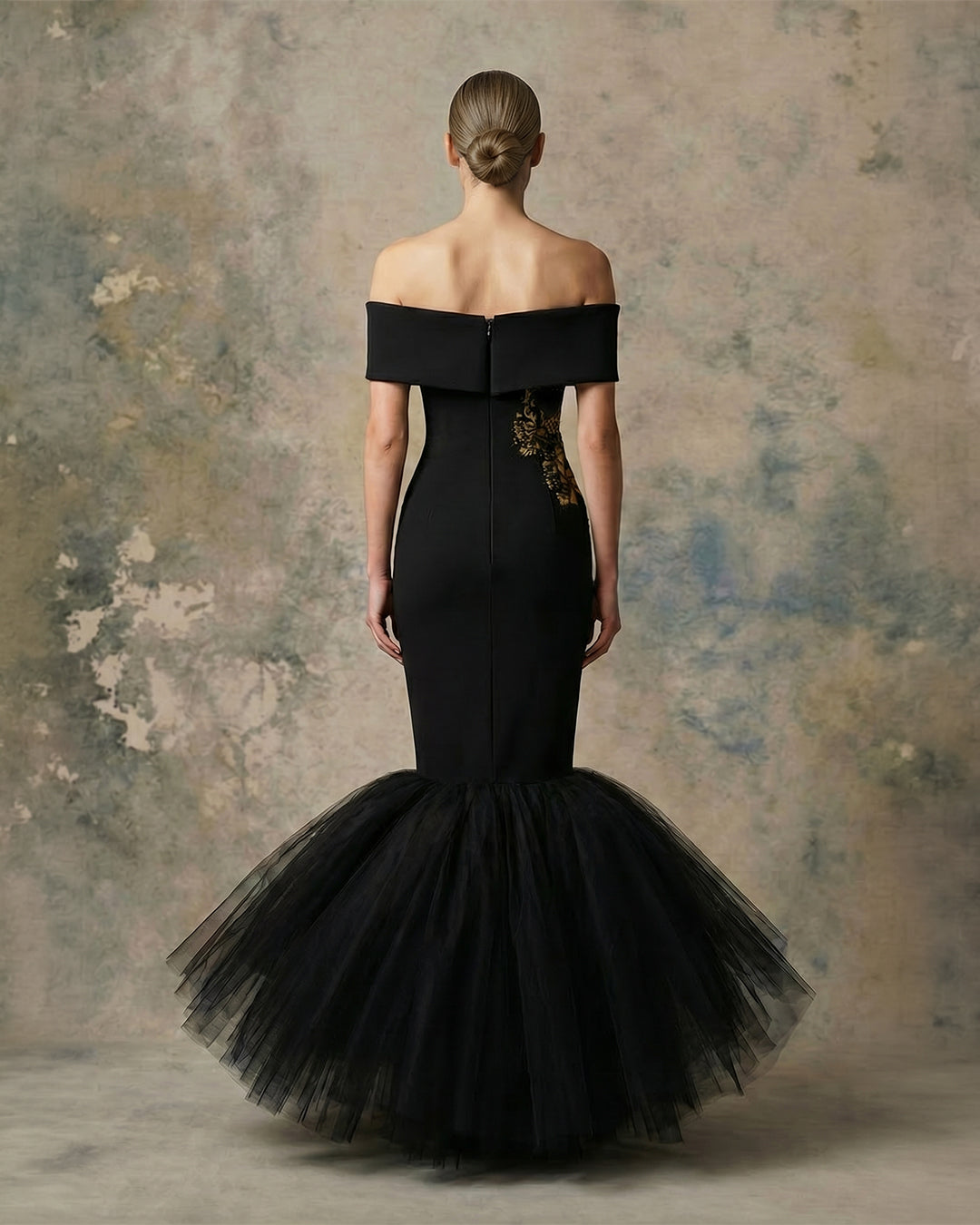 Nour Fathallah 747 – Black Off-Shoulder Embroidered Mermaid Evening Gown