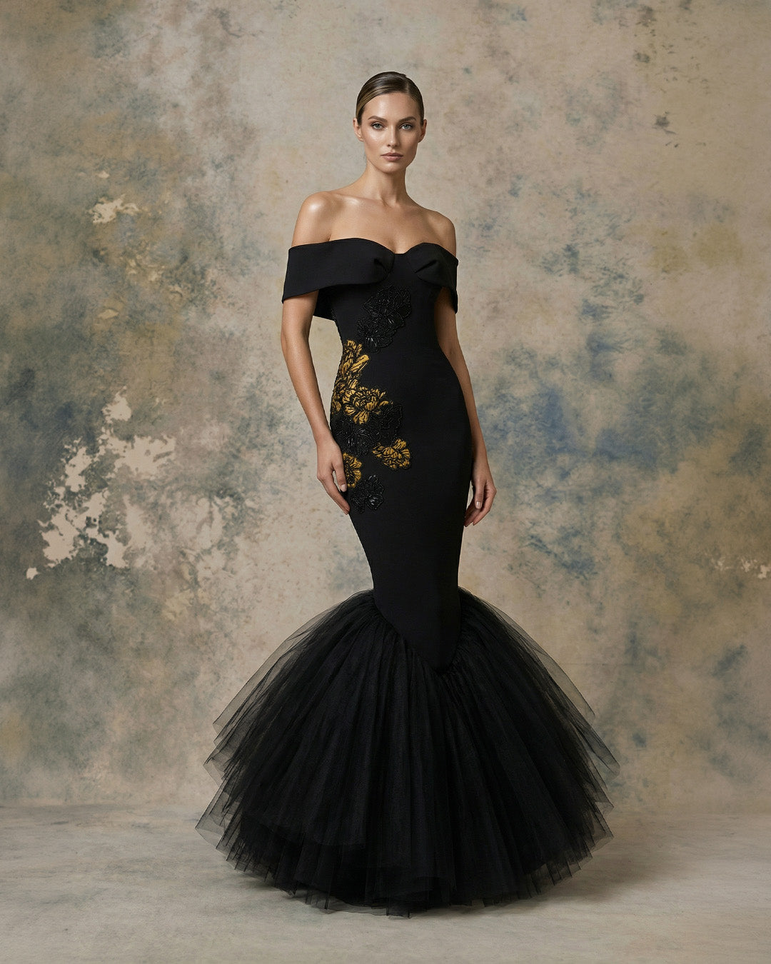 Nour Fathallah 747 – Black Off-Shoulder Embroidered Mermaid Evening Gown