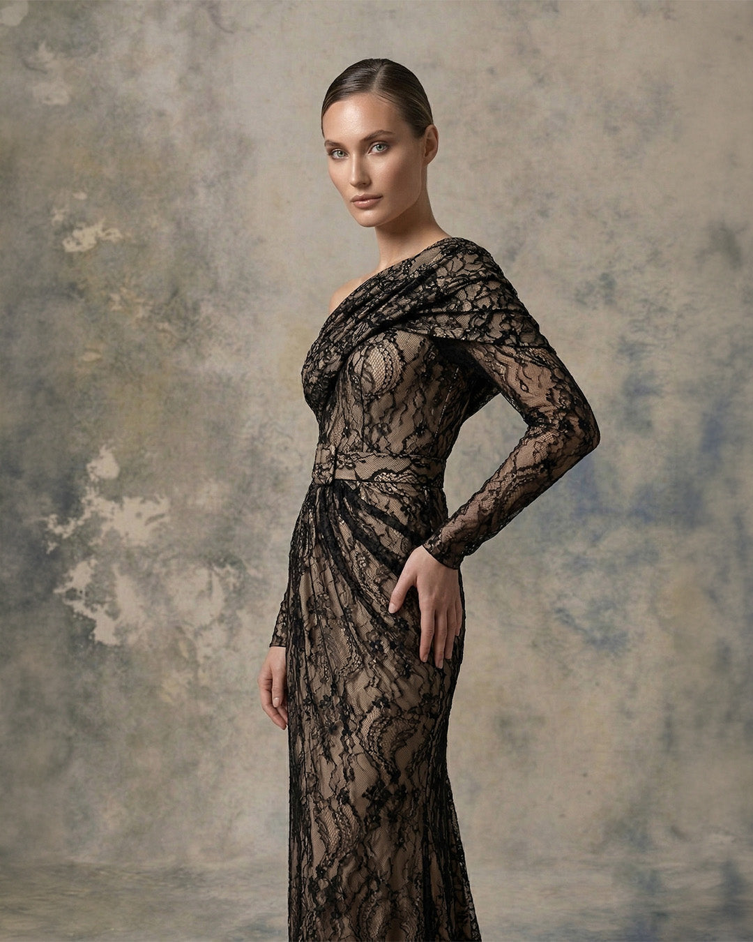 Nour Fathallah 748 – Black & Nude Off-Shoulder Long Sleeve Lace Evening Gown