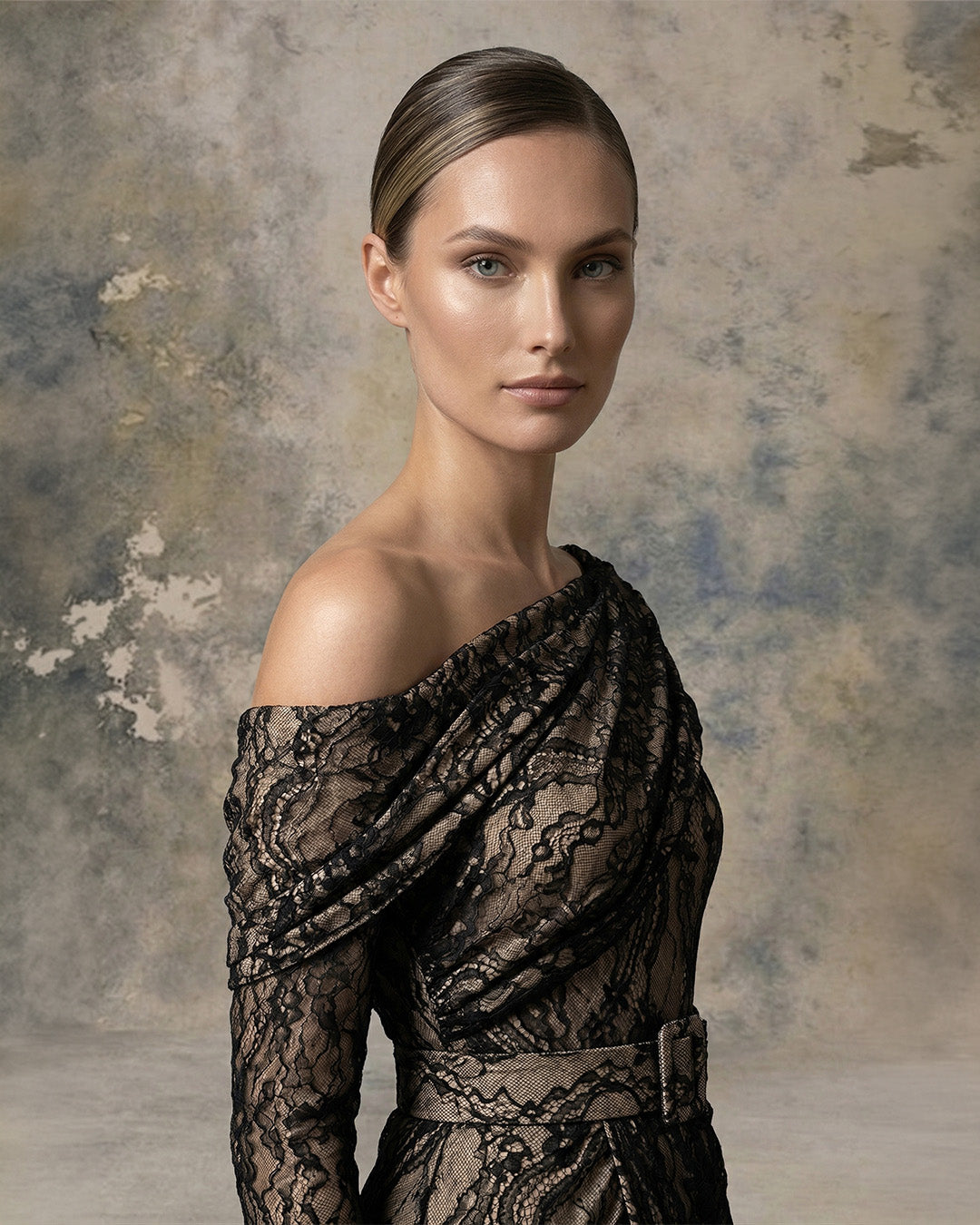 Nour Fathallah 748 – Black & Nude Off-Shoulder Long Sleeve Lace Evening Gown