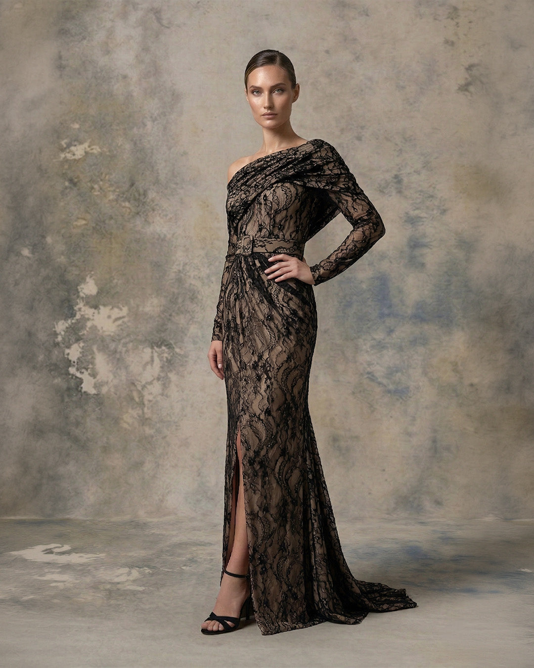 Nour Fathallah 748 – Black & Nude Off-Shoulder Long Sleeve Lace Evening Gown