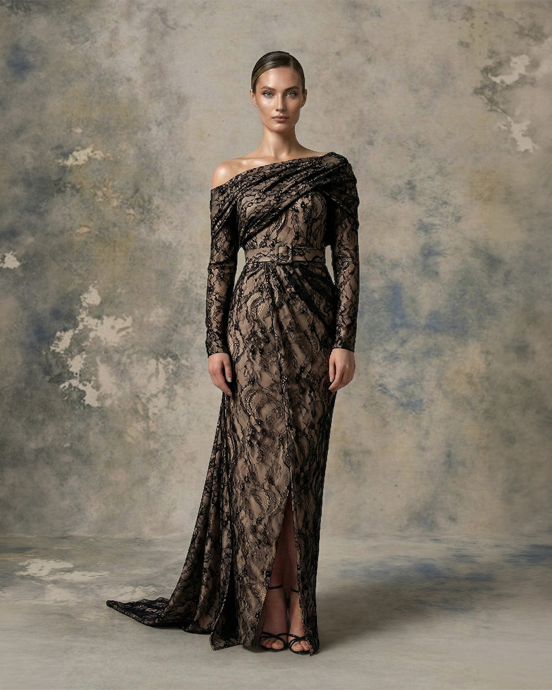 Nour Fathallah 748 – Black & Nude Off-Shoulder Long Sleeve Lace Evening Gown