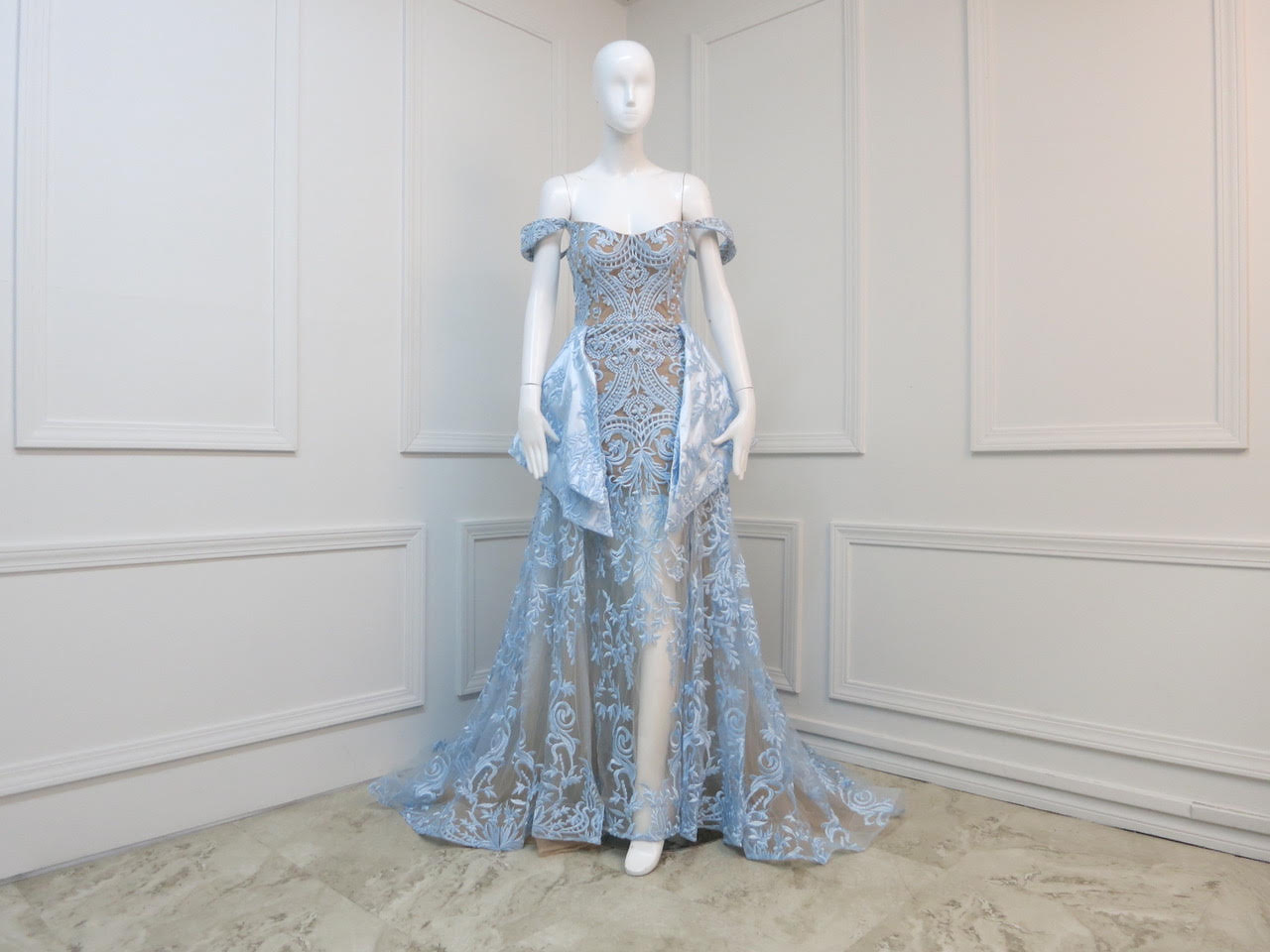 Nour Fathallah N0134 - Off-Shoulder Lace Gown with Back Peplum & A-Line Skirt