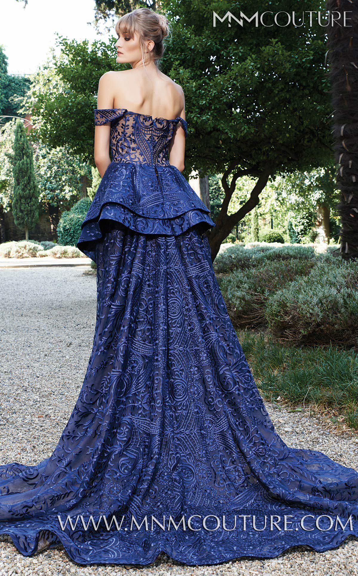 Nour Fathallah N0134 - Off-Shoulder Lace Gown with Back Peplum & A-Line Skirt