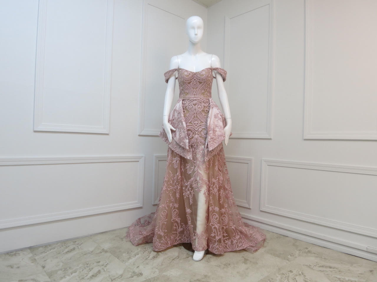 Nour Fathallah N0134 - Off-Shoulder Lace Gown with Back Peplum & A-Line Skirt
