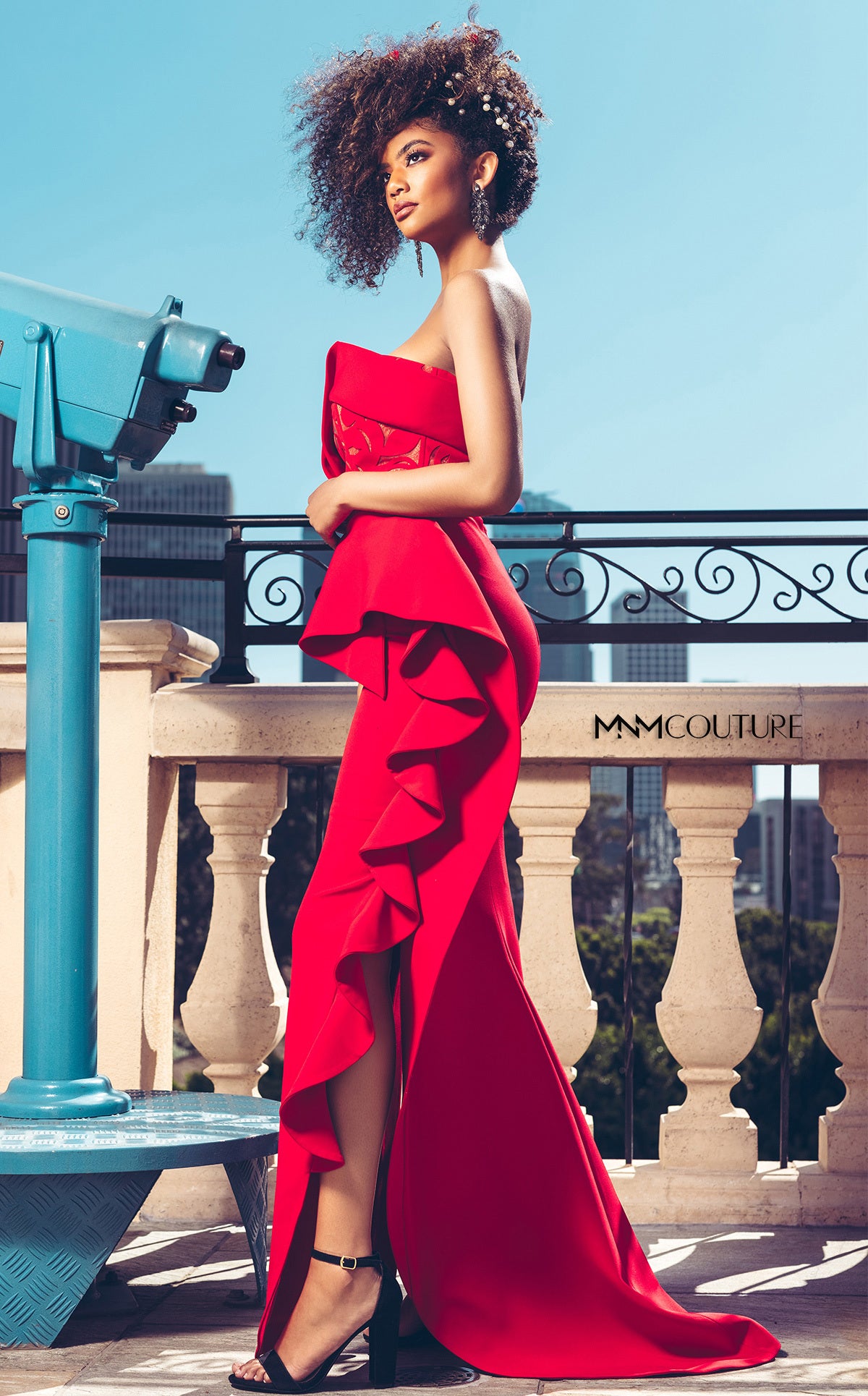 Nour Fathallah N0297 - Strapless Lacy Floral Gown with Ruffled Slits