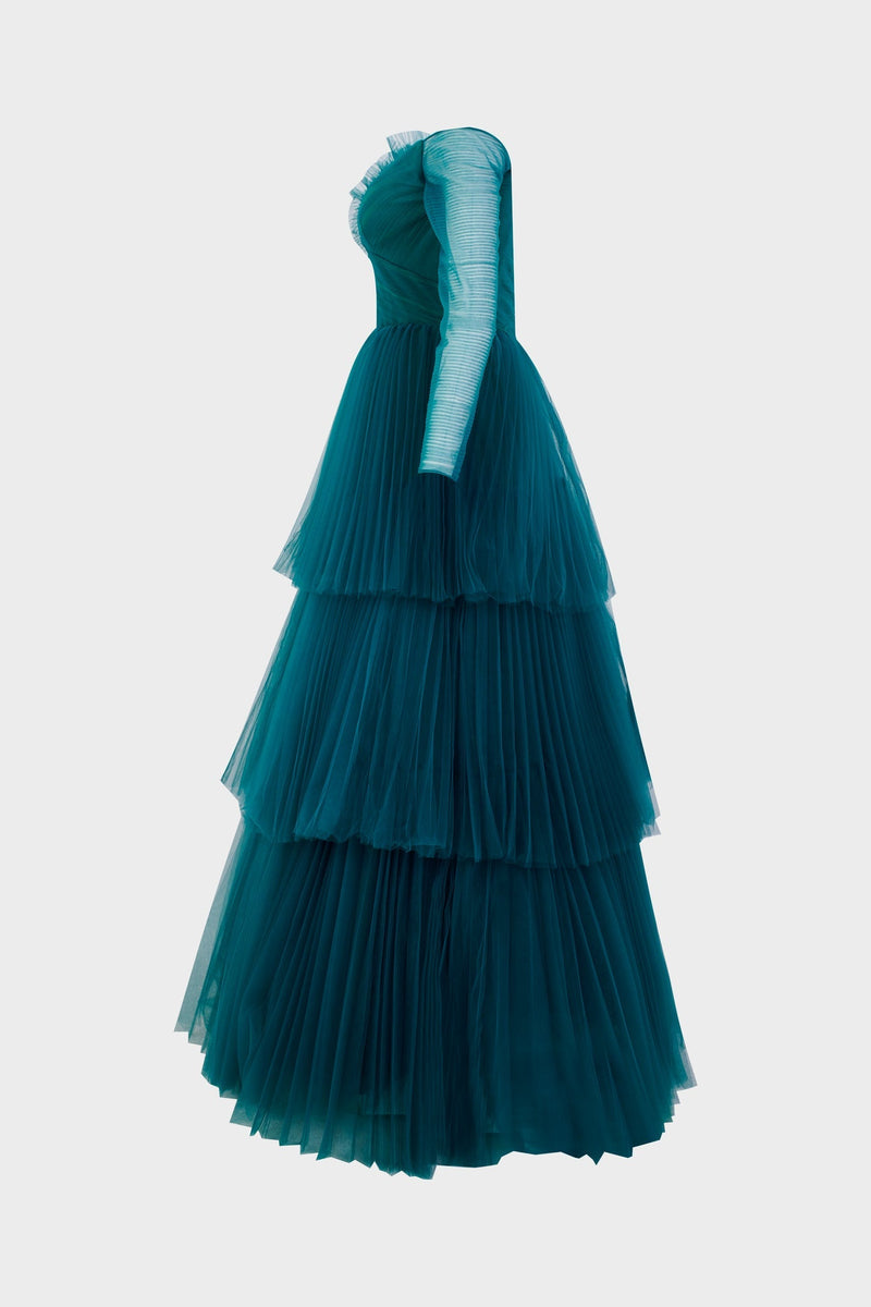 Nour Fathallah N0342 - Off-Shoulder Three-Tiered Gown with Flower Embellishment