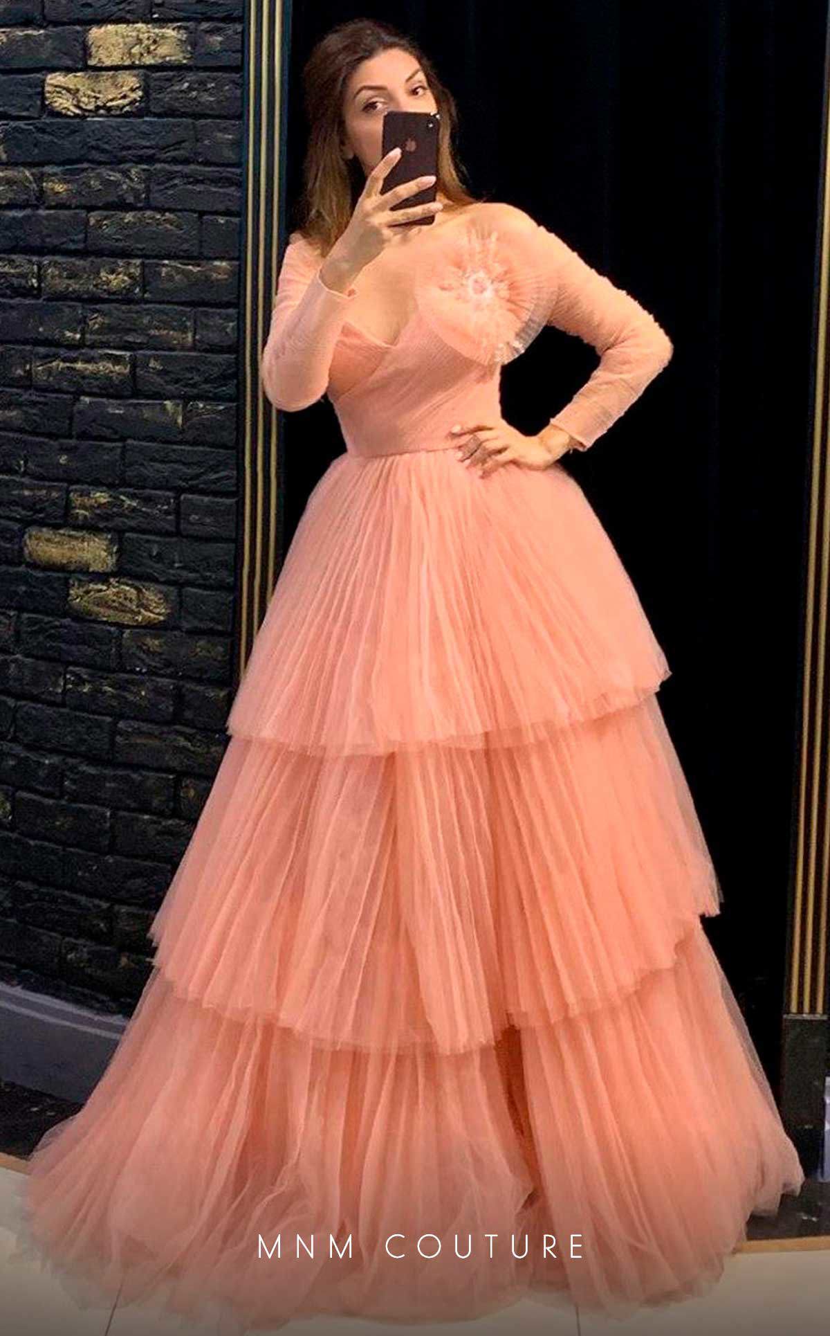 Nour Fathallah N0342 - Off-Shoulder Three-Tiered Gown with Flower Embellishment
