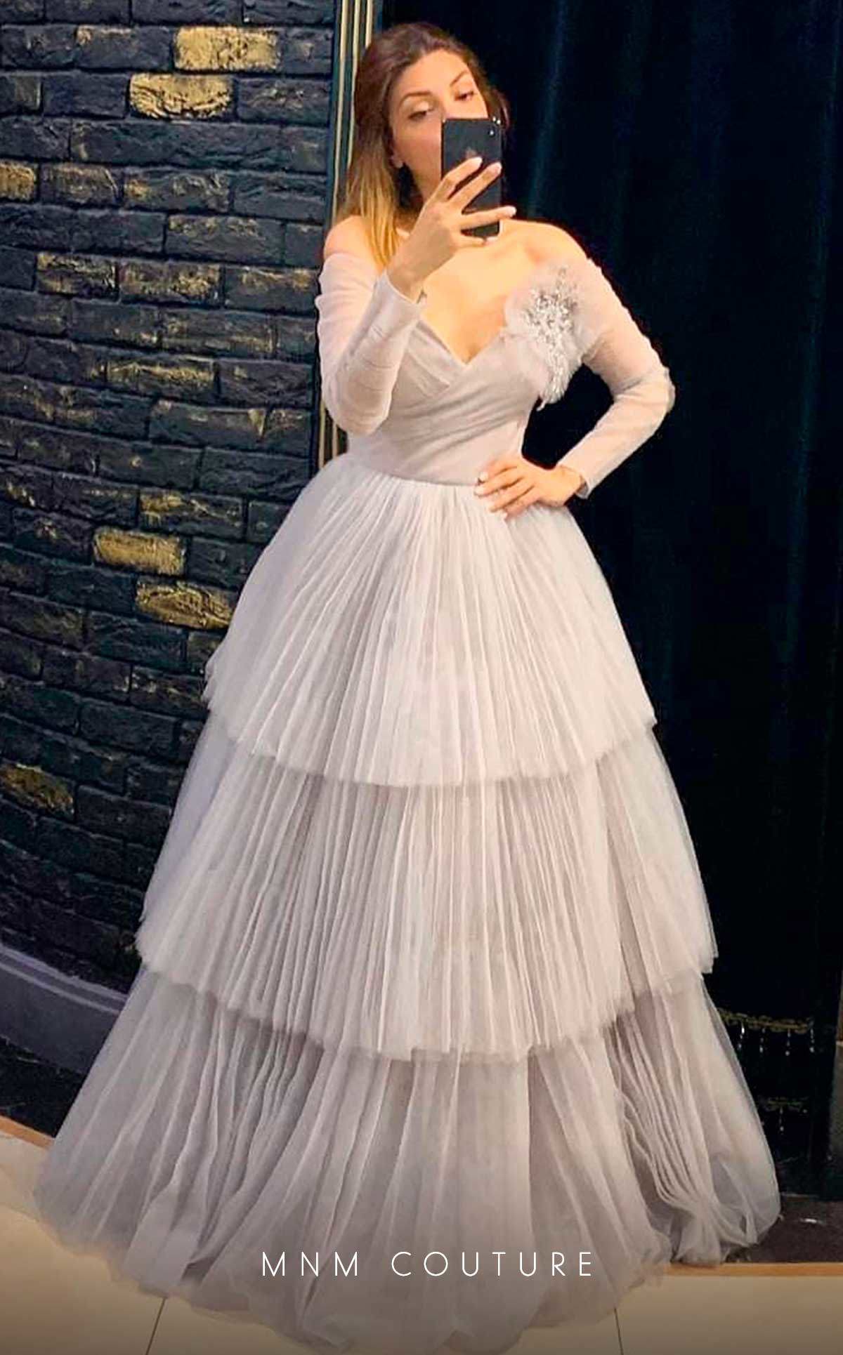 Nour Fathallah N0342 - Off-Shoulder Three-Tiered Gown with Flower Embellishment