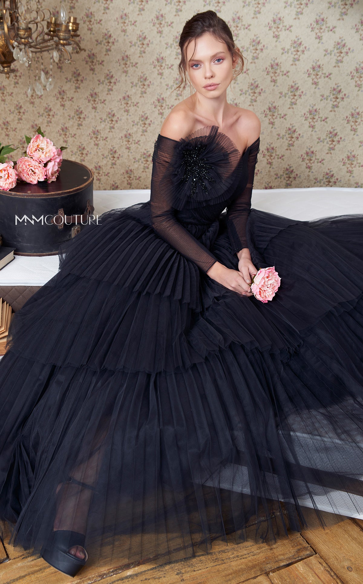 Nour Fathallah N0342 - Off-Shoulder Three-Tiered Gown with Flower Embellishment