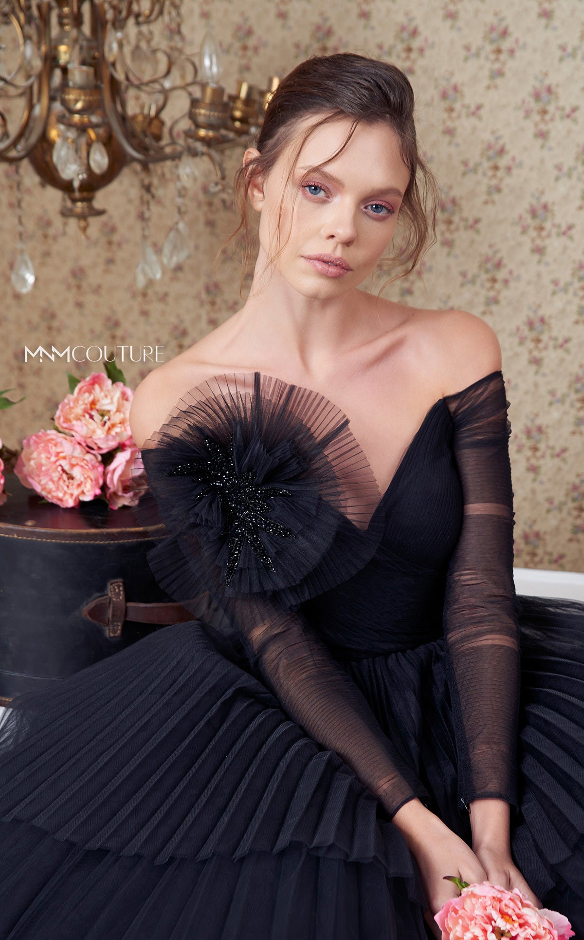 Nour Fathallah N0342 - Off-Shoulder Three-Tiered Gown with Flower Embellishment