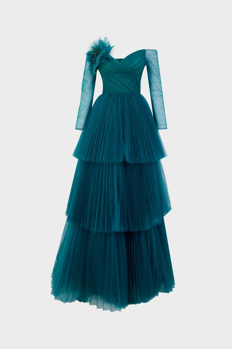 Nour Fathallah N0342 - Off-Shoulder Three-Tiered Gown with Flower Embellishment