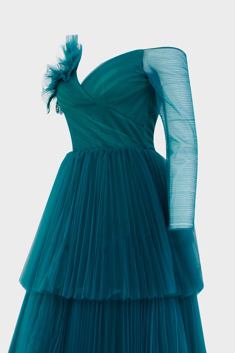Nour Fathallah N0342 - Off-Shoulder Three-Tiered Gown with Flower Embellishment