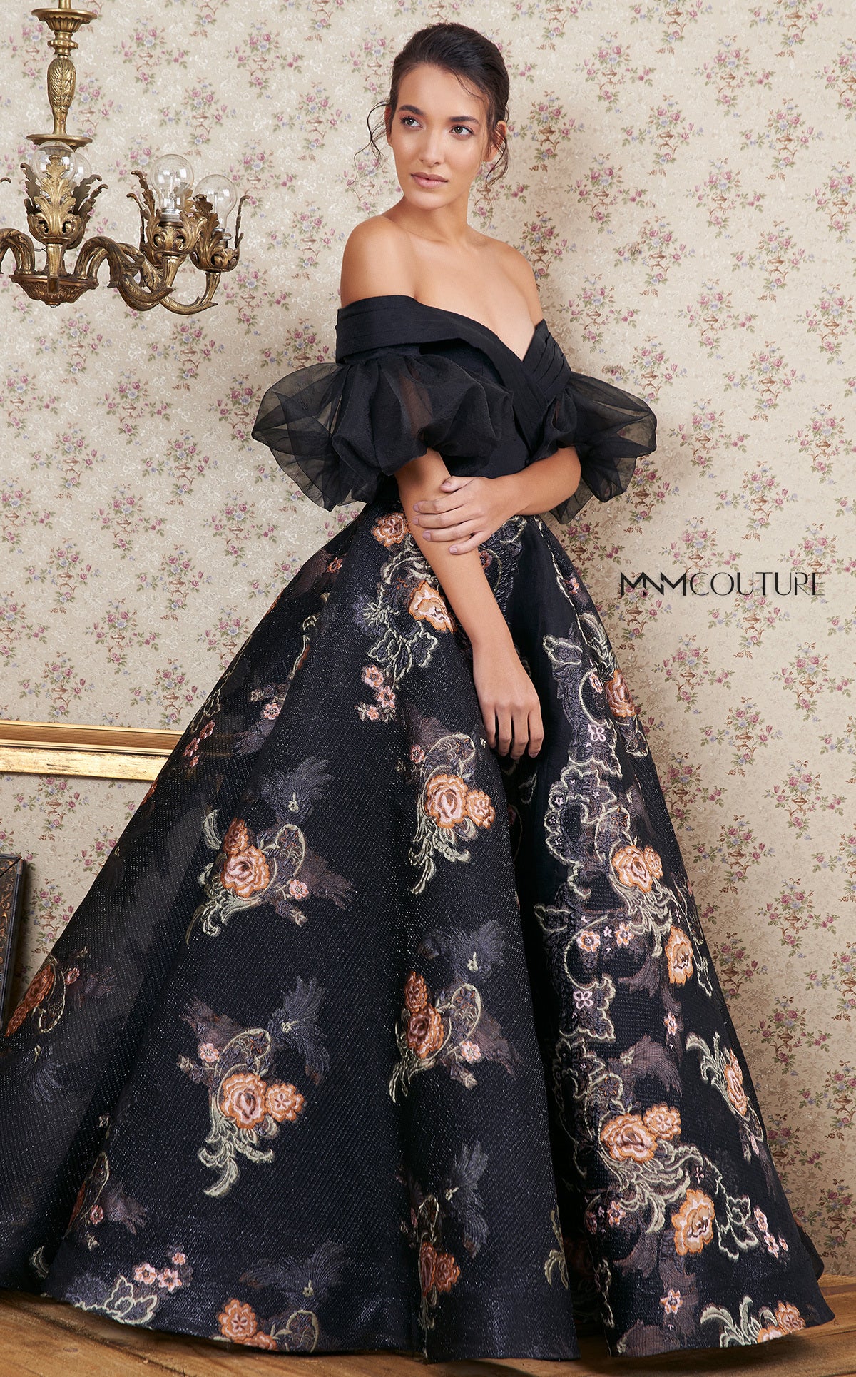 Nour Fathallah N0354 - Off-Shoulder Gown with Floral Embroidered A-Line Skirt