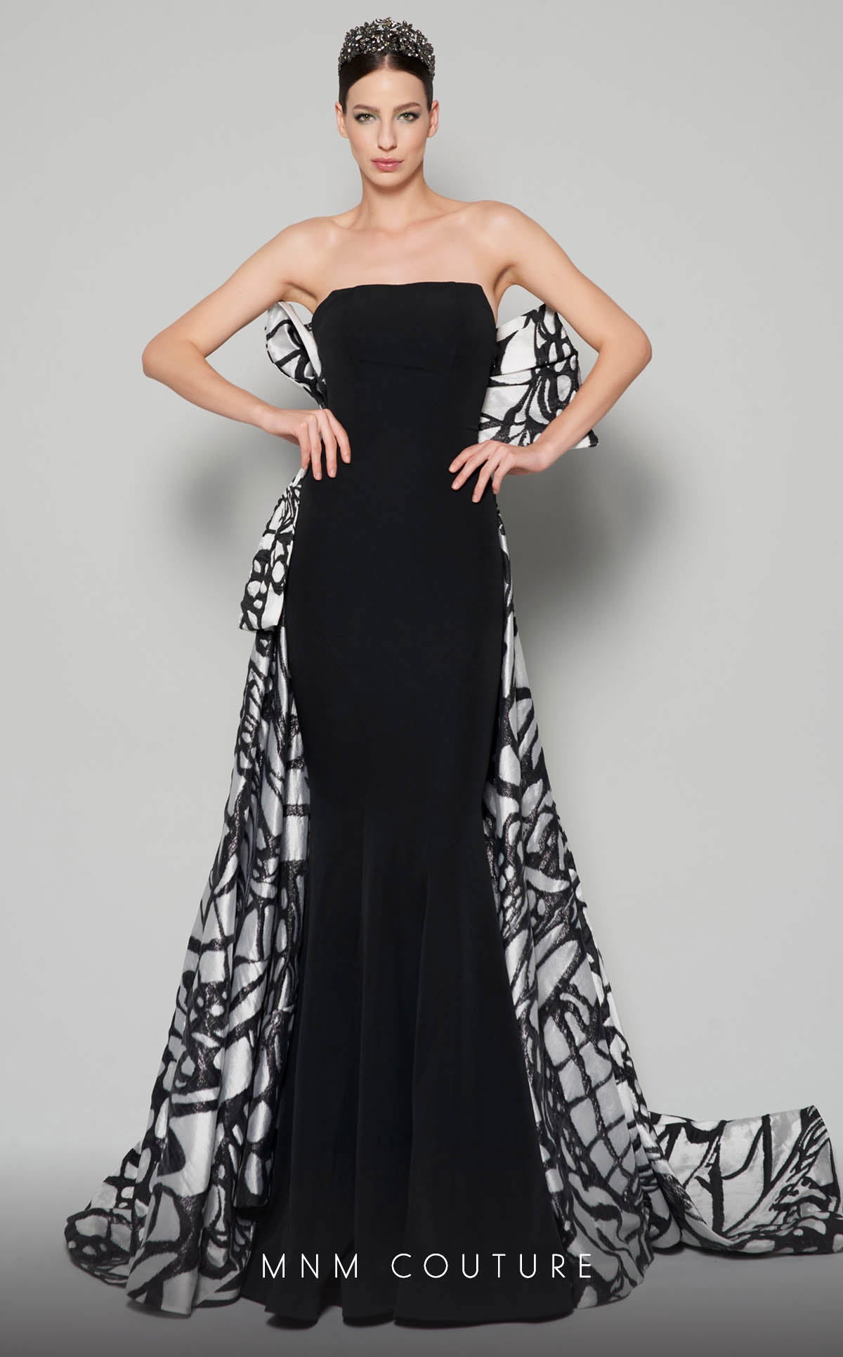 Nour Fathallah N0395 - Strapless Crepe & Jacquard Organza Gown with Corset