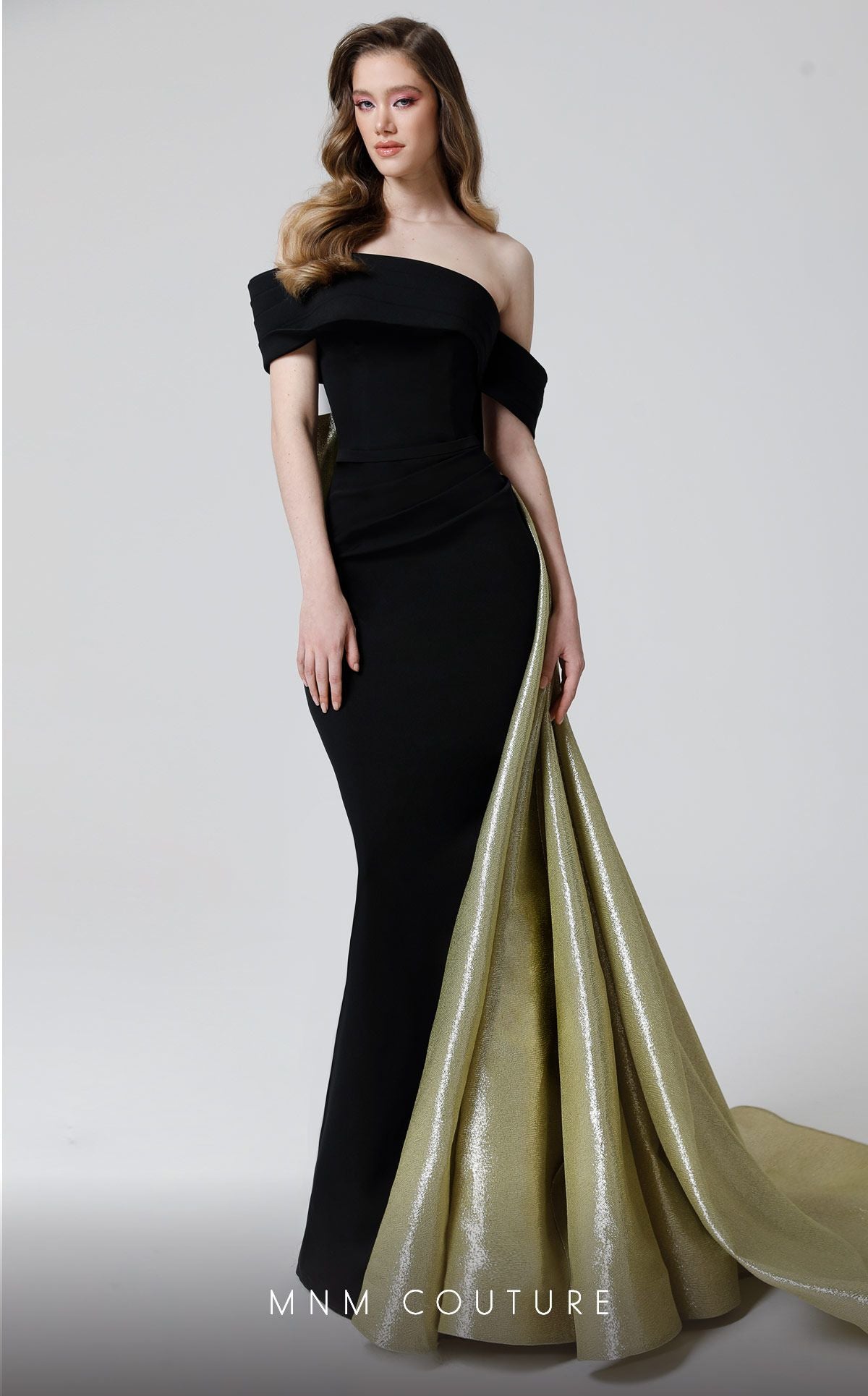 Nour Fathallah N0466 - Off-Shoulder Asymmetric Mermaid Gown with Slit & Tail