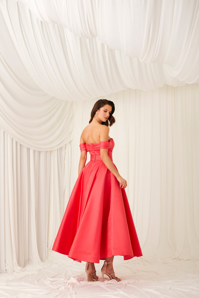 Nour Fathallah N0511 - Sophisticated Mikado A-Line Midi Dress with Ruched Details