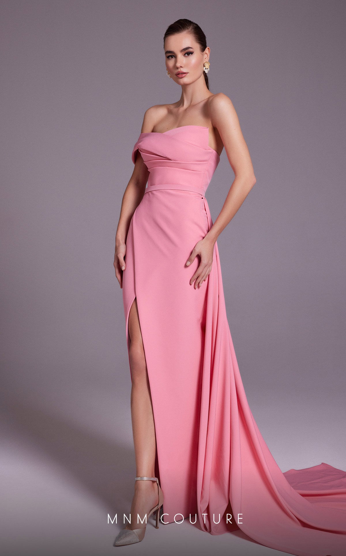 Nour Fathallah N0535 - Strapless Crepe Gown with Sarong Skirt & Tail