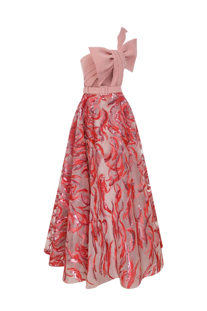 Nour Fathallah N0576 - Embroidered Crepe Gown with Asymmetrical Neckline