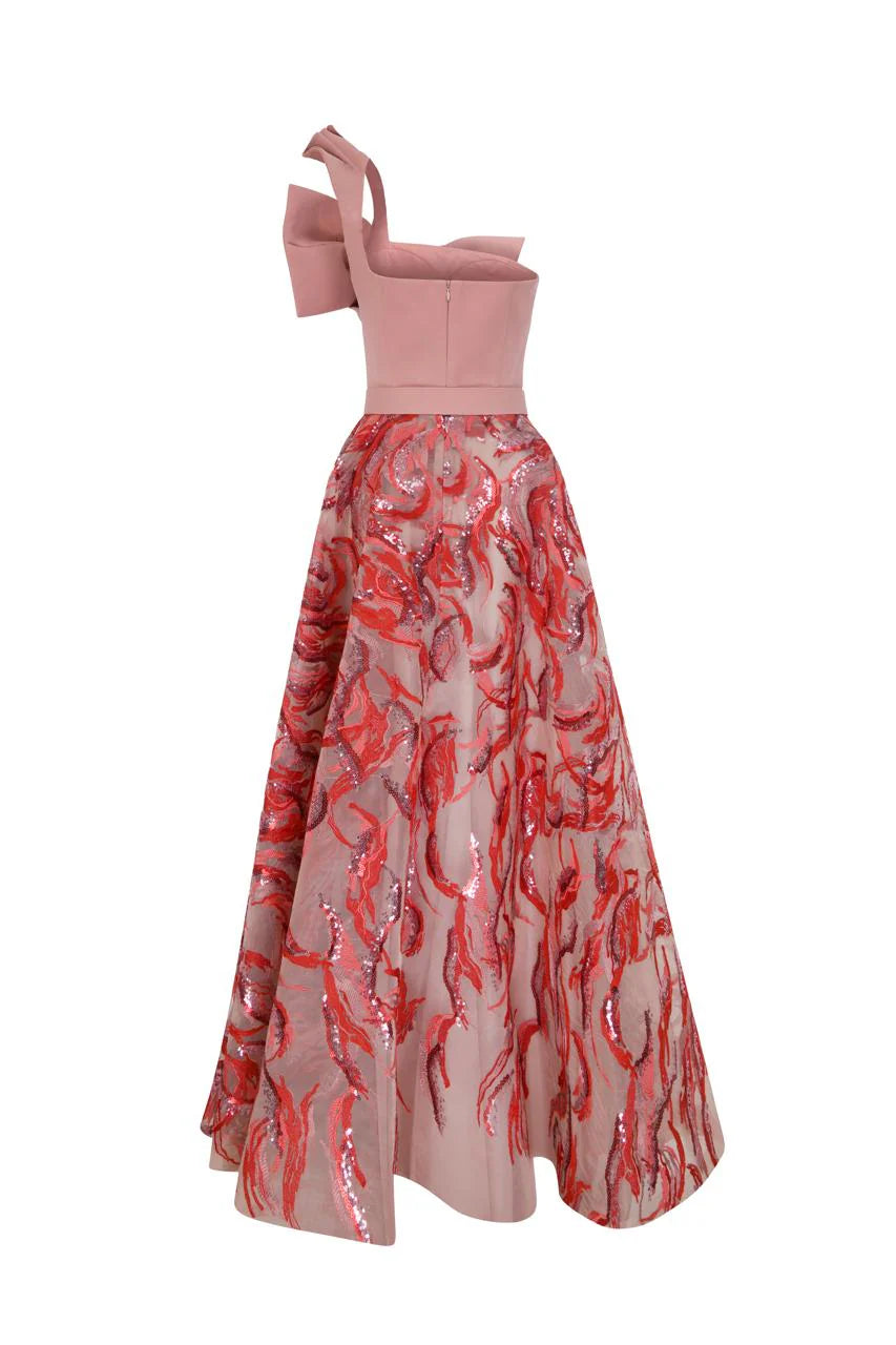 Nour Fathallah N0576 - Embroidered Crepe Gown with Asymmetrical Neckline