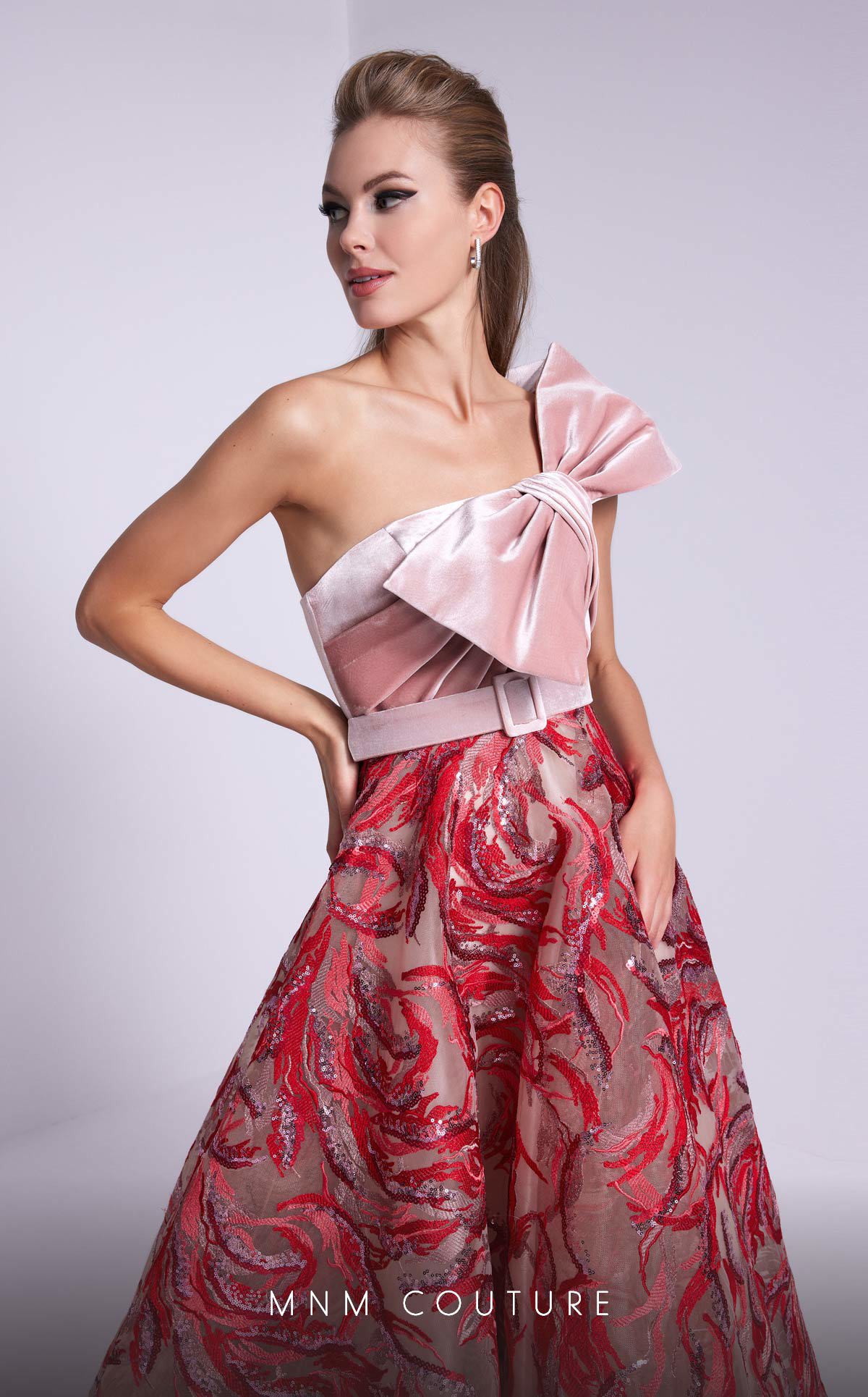 Nour Fathallah N0576 - Embroidered Crepe Gown with Asymmetrical Neckline