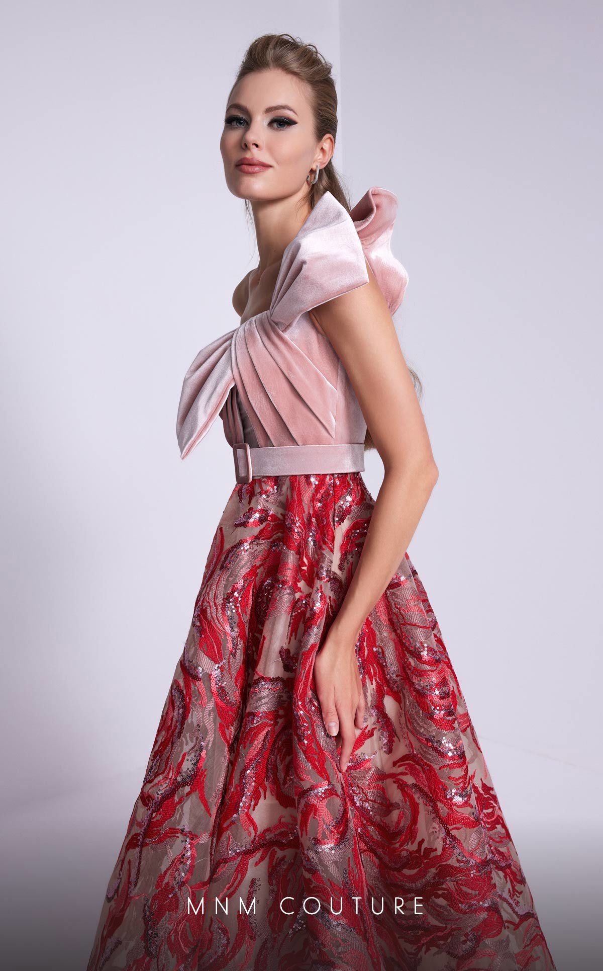 Nour Fathallah N0576 - Embroidered Crepe Gown with Asymmetrical Neckline